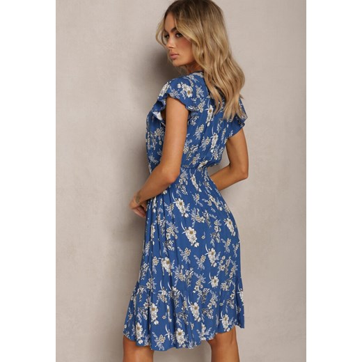 Niebieska Kopertowa Sukienka Letnia z Bawełny w Kwiaty Ilivanna Renee M wyprzedaż Renee odzież
