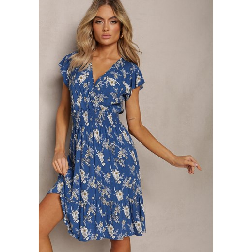 Niebieska Kopertowa Sukienka Letnia z Bawełny w Kwiaty Ilivanna Renee L promocyjna cena Renee odzież