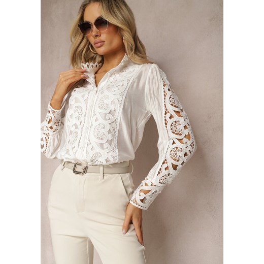 Biała Ażurowa Koszula ze Stójką w Stylu Vintage Jirdima ze sklepu Renee odzież w kategorii Koszule damskie - zdjęcie 170140821