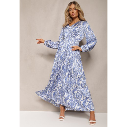 Niebieska Rozkloszowana Sukienka z Gumką w Talii i Plisami z Ornamentalnym Printem Juvana ze sklepu Renee odzież w kategorii Sukienki - zdjęcie 170141041