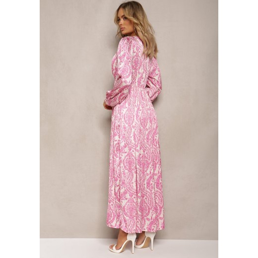 Różowa Rozkloszowana Sukienka z Gumką w Talii i Plisami z Ornamentalnym Printem Renee L wyprzedaż Renee odzież