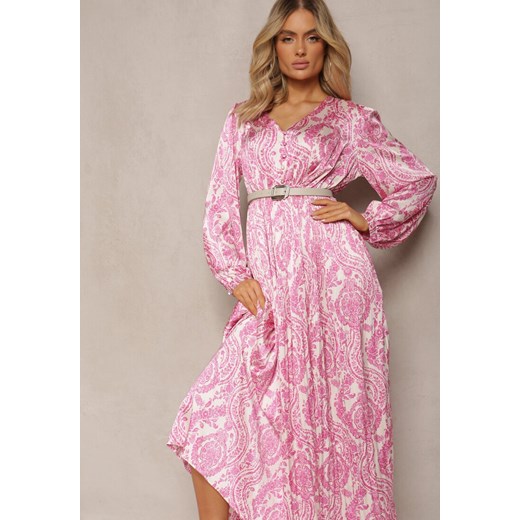 Różowa Rozkloszowana Sukienka z Gumką w Talii i Plisami z Ornamentalnym Printem Renee S promocja Renee odzież