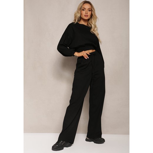 Czarny Bawełniany Komplet Bluza Krótka ze Ściągaczem i Szerokie Spodnie ze Sznurkiem w Pasie Rionnea ze sklepu Renee odzież w kategorii Dresy damskie - zdjęcie 170141154