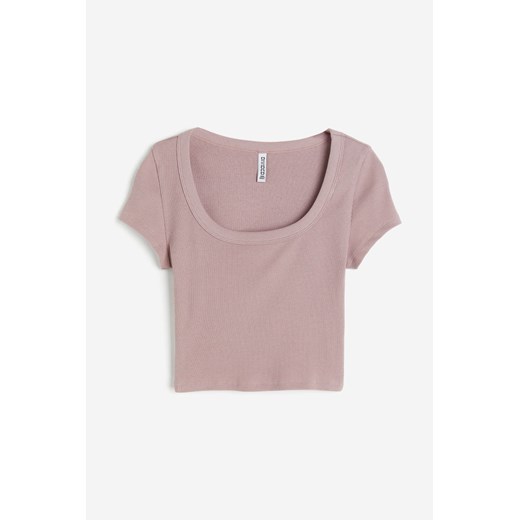 H & M - Krótki T-shirt w prążki - Różowy H & M L H&M