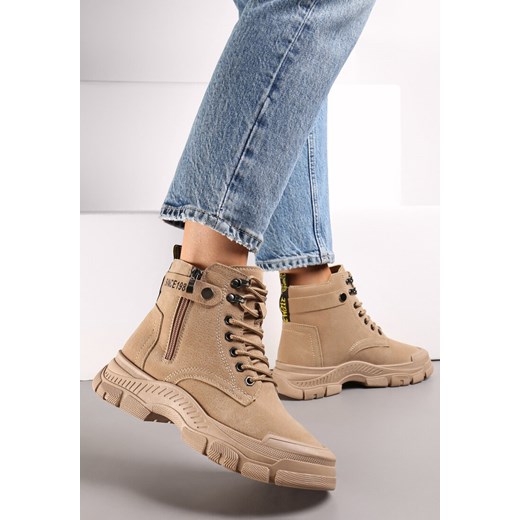 Ciemnobeżowe Botki Traperki na Grubej Podeszwie Beanika ze sklepu born2be.pl w kategorii Workery damskie - zdjęcie 170152894