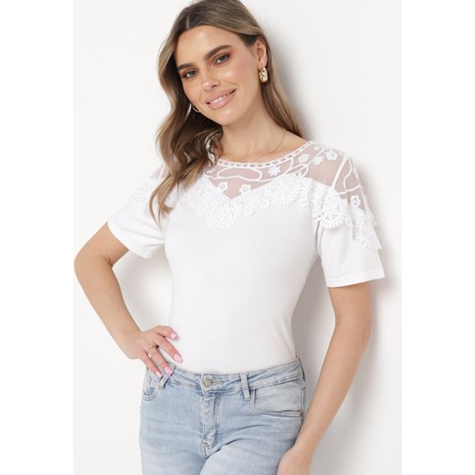 Biały T-shirt Bawełniany z Koronkową Górą Naroca ze sklepu Born2be Odzież w kategorii Bluzki damskie - zdjęcie 170153133