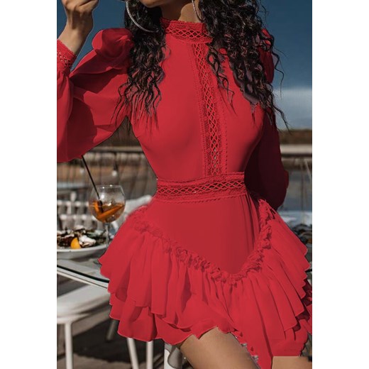 Czerwona Rozkloszowana Sukienka Kombinezon Taliowany z Falbankami i Koronką Pokisa ze sklepu Renee odzież w kategorii Sukienki - zdjęcie 170169214