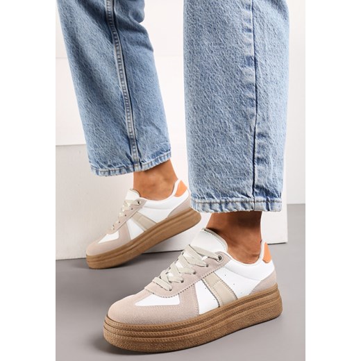 Beżowo-Białe Sneakersy na Niskiej Platformie z Materiałowymi Wstawkami Xeonbia ze sklepu born2be.pl w kategorii Buty sportowe damskie - zdjęcie 170173104