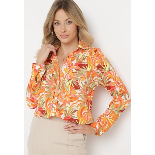 Pomarańczowa Klasyczna Koszula we Florystyczny Wzór z Guzikami Cairissa ze sklepu Born2be Odzież w kategorii Koszule damskie - zdjęcie 170184570