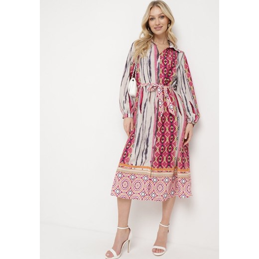 Fuksjowo-Beżowa Sukienka Koszulowa z Mozaikowym Wzorem i Wiązanym Paskiem Lilimea ze sklepu Born2be Odzież w kategorii Sukienki - zdjęcie 170184730