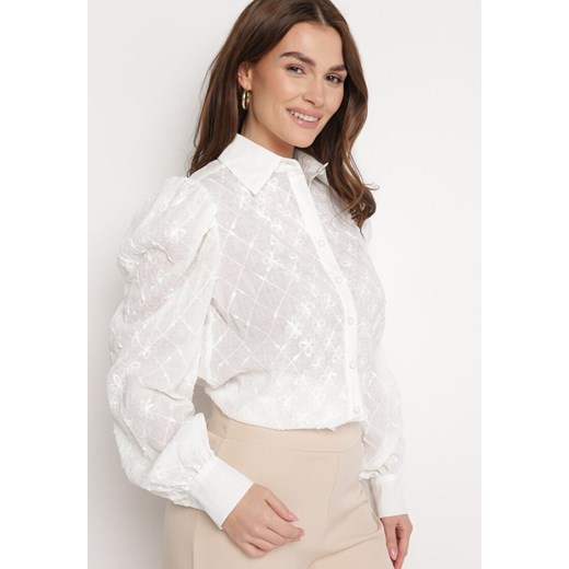 Biała Koszula Transparentna z Bufkami na Rękawach Oslia ze sklepu Born2be Odzież w kategorii Koszule damskie - zdjęcie 170217810