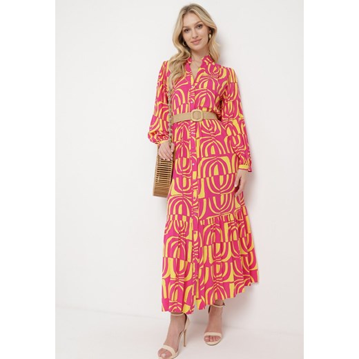 Różowo-Żółta Sukienka Długa Rozkloszowana w Geometryczny Print o Koszulowym Kroju Verdana ze sklepu Born2be Odzież w kategorii Sukienki - zdjęcie 170224251