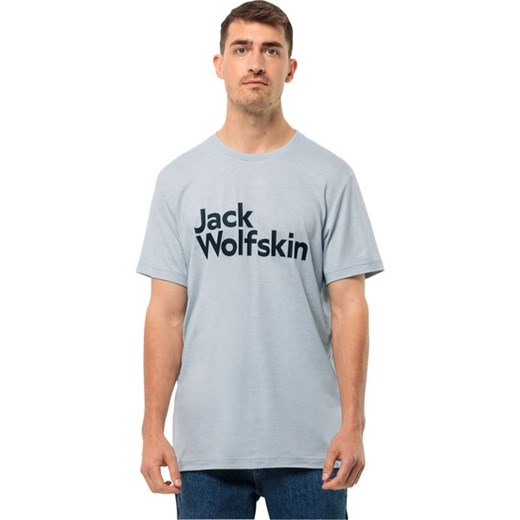 T-shirt męski Jack Wolfskin niebieski z krótkim rękawem z napisami 