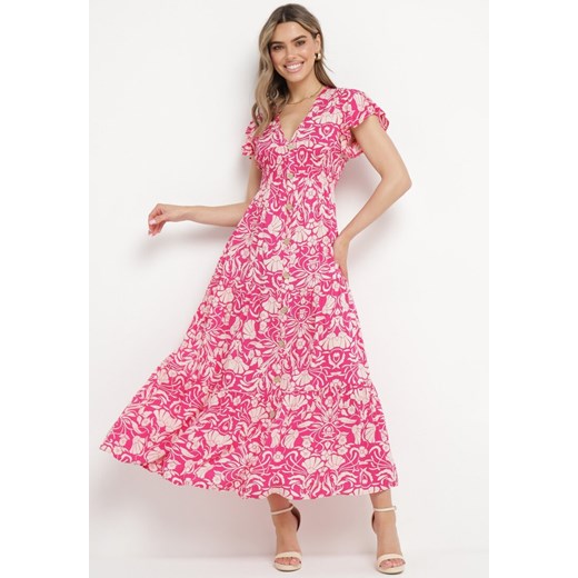 Różowa Rozkloszowana Sukienka Maxi z Luźnym Rękawem w Kwiatowy Print Oxeria ze sklepu Born2be Odzież w kategorii Sukienki - zdjęcie 170232472