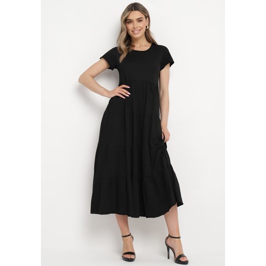 Czarna Bawełniana Sukienka Maxi Rozkloszowana z Okrągłym Dekoltem Isari ze sklepu Born2be Odzież w kategorii Sukienki - zdjęcie 170232693