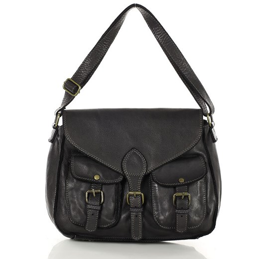 Kultowa torba skórzana z kieszeniami na szerszym pasku - MARCO MAZZINI czarna ze sklepu Verostilo w kategorii Torby Shopper bag - zdjęcie 170238401