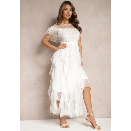 Biała Rozkloszowana Sukienka z Transparentnymi Wstawkami z Koronki Saela ze sklepu Renee odzież w kategorii Sukienki - zdjęcie 170247420