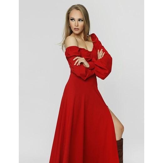Sukienka czerwona maxi z długim rękawem 