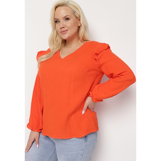Pomarańczowa Bluzka z Bawełny z Długim Rękawem i Falbanką Pixela ze sklepu Born2be Odzież w kategorii Bluzki damskie - zdjęcie 170260561