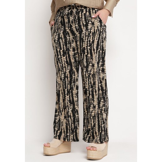 Czarno-Beżowe Szerokie Spodnie z Wysokim Stanem i Gumką w Pasie Miffiana ze sklepu Born2be Odzież w kategorii Spodnie damskie - zdjęcie 170267354
