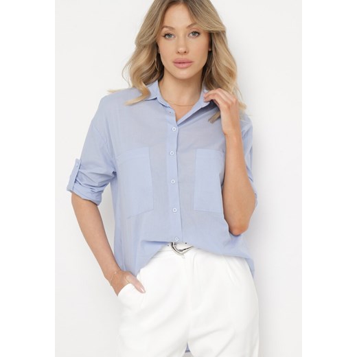 Niebieska Bawełniana Koszula Klasyczna z Kieszeniami Sasana ze sklepu Born2be Odzież w kategorii Koszule damskie - zdjęcie 170267510