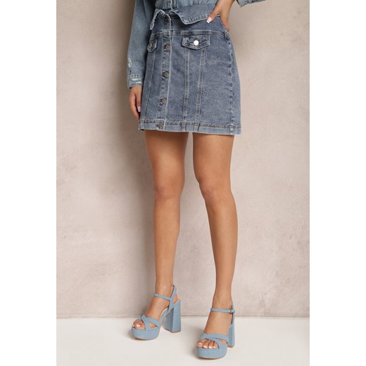Granatowa Jeansowa Spódnica Mini z Wysoką Talią Paper Bag i Guzikami Tirhela ze sklepu Renee odzież w kategorii Spódnice - zdjęcie 170267573