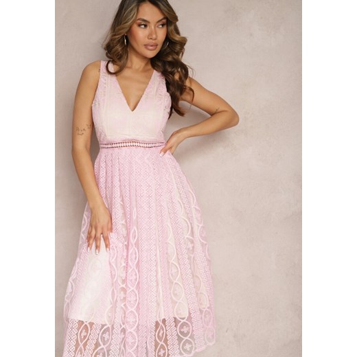 Różowa Plisowana Sukienka na Ramiączkach z Ozdobnym Wzorem i Suwakiem Mirilla Renee S Renee odzież wyprzedaż