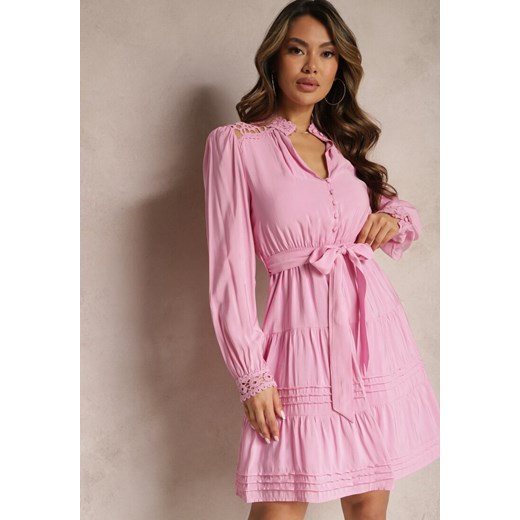 Różowa Rozkloszowana Sukienka z Koronkowymi Wstawkami i Wiązaniem w Talii Padria ze sklepu Renee odzież w kategorii Sukienki - zdjęcie 170267671