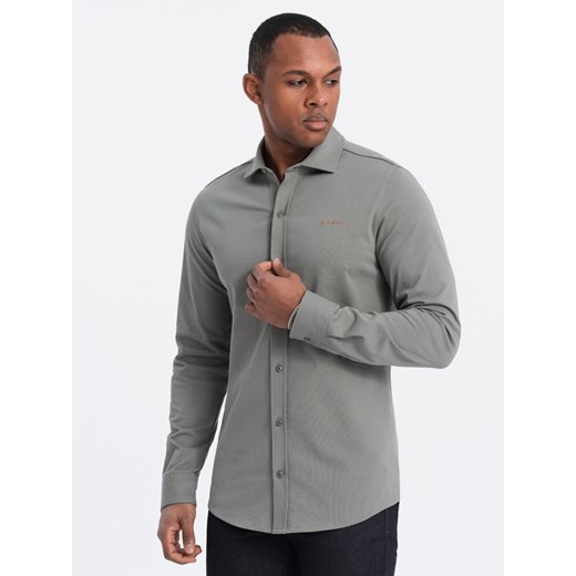 Bawełniana męska koszula REGULAR z dzianiny single jersey - jasny khaki V4 OM-SHCS-0138 ze sklepu ombre w kategorii Koszule męskie - zdjęcie 170270673