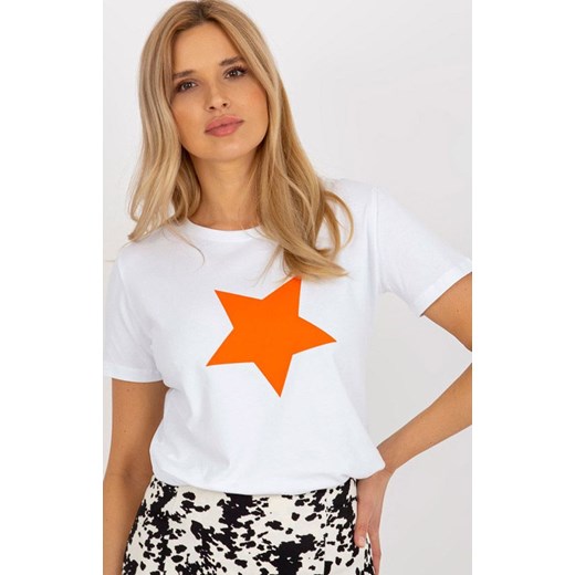 T-shirt damski z pomarańczową gwiazdą RV-TS-8626.00, Kolor biało-pomarańczowy, Rozmiar L/XL, BASIC FEEL GOOD ze sklepu Primodo w kategorii Bluzki damskie - zdjęcie 170280771