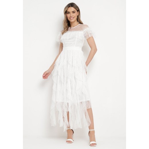 Biała Sukienka z Przezroczystego Materiału Rozkloszowana Ozdobiona Koronką Pela ze sklepu Born2be Odzież w kategorii Sukienki - zdjęcie 170301182