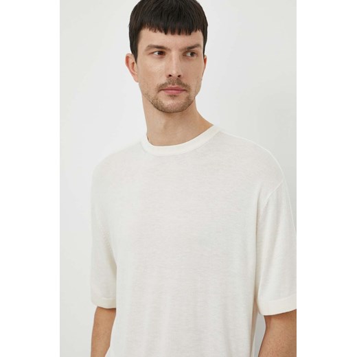 Calvin Klein t-shirt z domieszką jedwabiu kolor beżowy gładki ze sklepu ANSWEAR.com w kategorii T-shirty męskie - zdjęcie 170305674