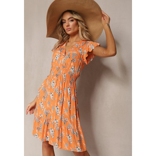 Pomarańczowa Kopertowa Sukienka Letnia z Bawełny w Kwiaty Ilivanna ze sklepu Renee odzież w kategorii Sukienki - zdjęcie 170308283