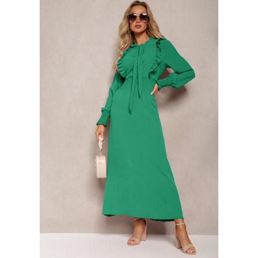 Zielona Maxi Sukienka Rozkloszowana z Falbankami i Wiązaniem przy Dekolcie Pallam ze sklepu Renee odzież w kategorii Sukienki - zdjęcie 170308303