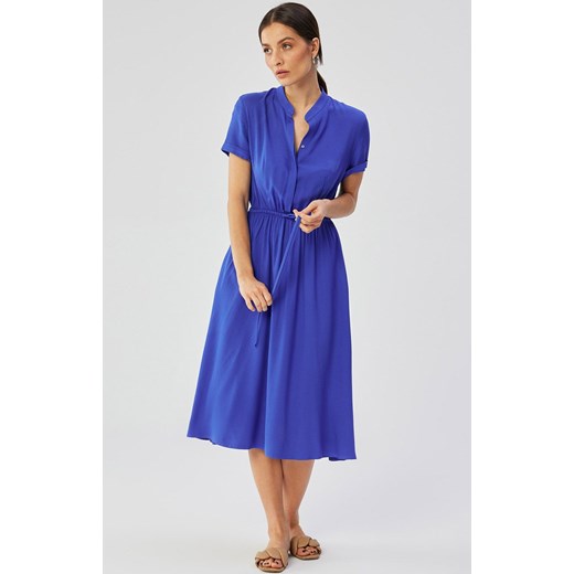 Niebieska sukienka ze stójką i wiązaniem w pasie S366, Kolor niebieski, Rozmiar L, Stylove ze sklepu Primodo w kategorii Sukienki - zdjęcie 170320933