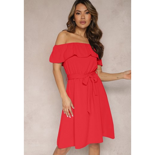 Czerwona Rozkloszowana Sukienka o Fasonie Hiszpanki z Paskiem w Talii Koralice ze sklepu Renee odzież w kategorii Sukienki - zdjęcie 170340220