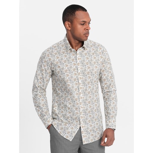 Męska koszula SLIM FIT we wzór florystyczny - beżowa V2 OM-SHPS-0139 ze sklepu ombre w kategorii Koszule męskie - zdjęcie 170340434