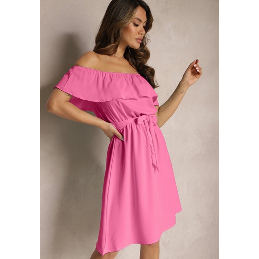 Różowa Rozkloszowana Sukienka o Fasonie Hiszpanki z Paskiem w Talii Koralice ze sklepu Renee odzież w kategorii Sukienki - zdjęcie 170389604