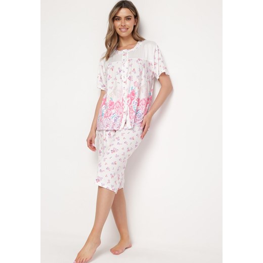 Różowo-Biały 2-częściowy Komplet Piżamowy Bluzka na Guziki i Kolarki Andia ze sklepu Born2be Odzież w kategorii Piżamy damskie - zdjęcie 170389724