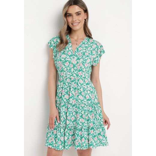 Zielona Sukienka z Wiskozy w Kwiatowy Wzór z Kopertowym Dekoltem Avafia ze sklepu Born2be Odzież w kategorii Sukienki - zdjęcie 170390500