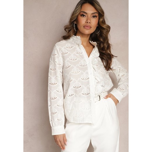 Biała Koszula z Bawełny ze Stójką Haftem i Ażurowymi Wstawkami Mylina ze sklepu Renee odzież w kategorii Koszule damskie - zdjęcie 170404353