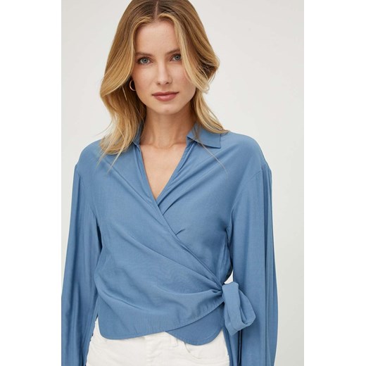 Sisley bluzka damska kolor niebieski regular z kołnierzykiem klasycznym ze sklepu ANSWEAR.com w kategorii Bluzki damskie - zdjęcie 170405044