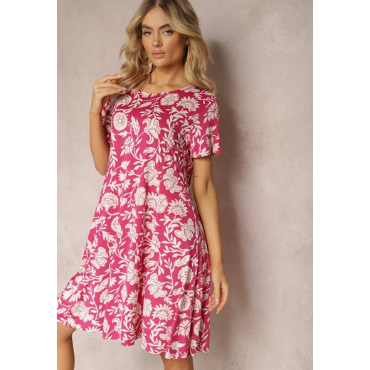 Różowa Letnia Sukienka Rozkloszowana z Krótkim Rękawem w Kwiaty z Wiskozy Annira ze sklepu Renee odzież w kategorii Sukienki - zdjęcie 170412474