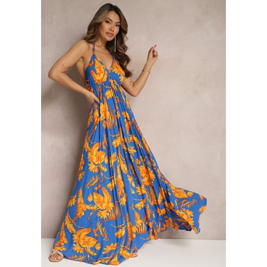 Niebiesko-Żółta Sukienka Maxi z Wiązanymi Ramiączkami i Rozkloszowanym Dołem z Wiskozy w Kwiaty Rakussa ze sklepu Renee odzież w kategorii Sukienki - zdjęcie 170412570