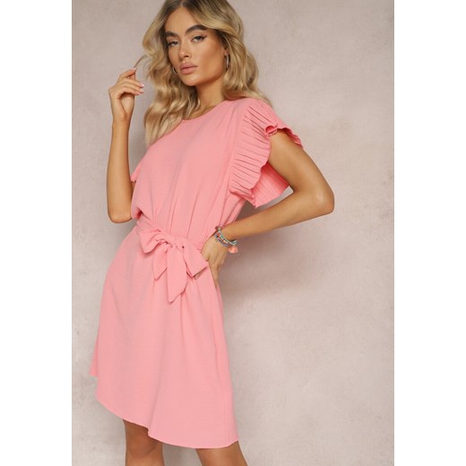 Różowa Mini Sukienka Rozkloszowana ze Zdobionym Rękawem i Materiałowym Paskiem Ajemia ze sklepu Renee odzież w kategorii Sukienki - zdjęcie 170423012