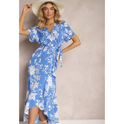 Niebieska Asymetryczna Sukienka Kopertowa z Gumką w Pasie i Kwiatowym Wzorem Renee L okazyjna cena Renee odzież