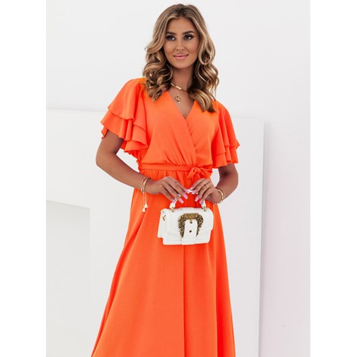 Pomarańczowa sukienka maxi z przekładanym dekoltem Laminno - pomarańczowy ze sklepu pakuten.pl w kategorii Sukienki - zdjęcie 170446923