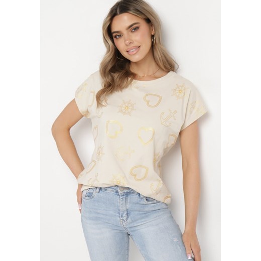 Ciemnobeżowy T-shirt z Błyszczącym Nadrukiem z Elastycznej Bawełny Nacira ze sklepu Born2be Odzież w kategorii Bluzki damskie - zdjęcie 170495361