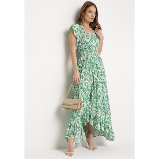 Zielona Asymetryczna Sukienka z Gumką w Pasie z Falbankami z Wiskozy Venimra ze sklepu Born2be Odzież w kategorii Sukienki - zdjęcie 170495400