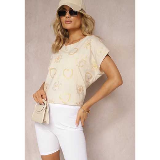 Ciemnobeżowy Bawełniany T-shirt z Błyszczącym Printem Idrana ze sklepu Renee odzież w kategorii Bluzki damskie - zdjęcie 170495803